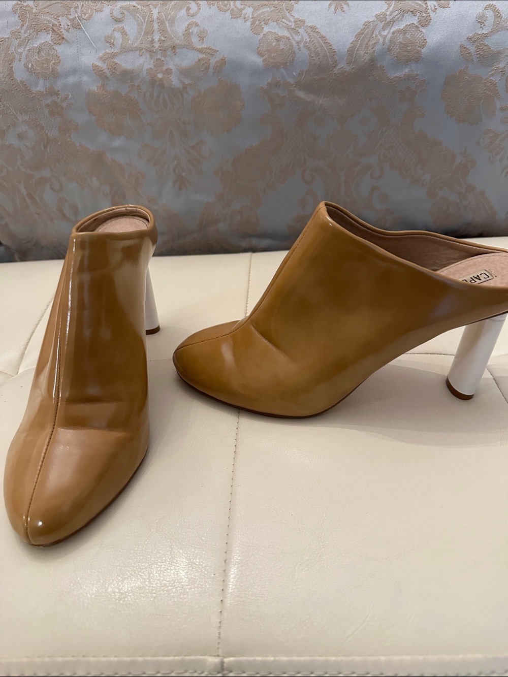 Cape Robbin Tan Patent Leather Mule Heels with White Block Heel